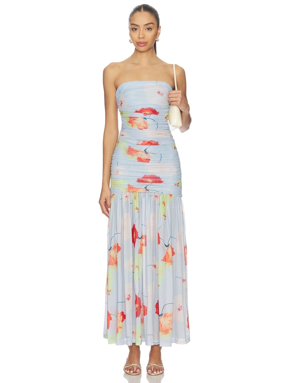 BARDOT Solana Printed Mesh Maxi Dress in Baby Blue Floral